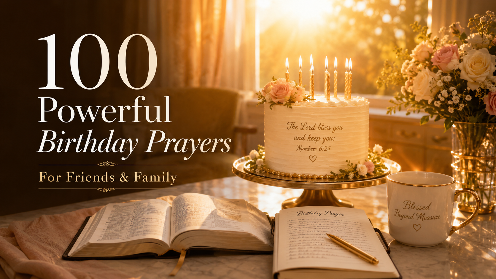 Powerful birthday prayers and Christian blessings with Bible candles coffee and golden sunrise