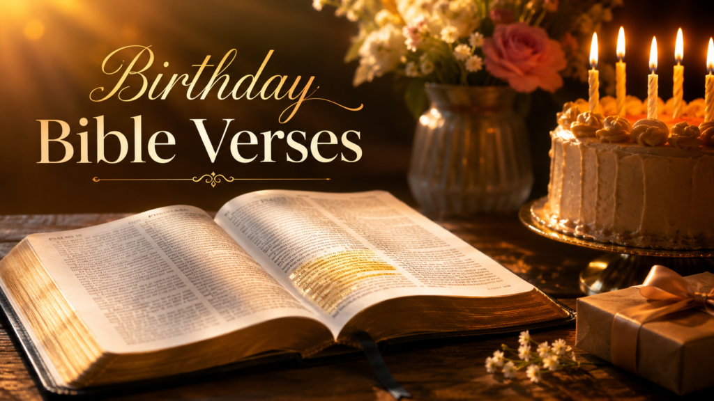 Open Bible with birthday candles and glowing sunrise light