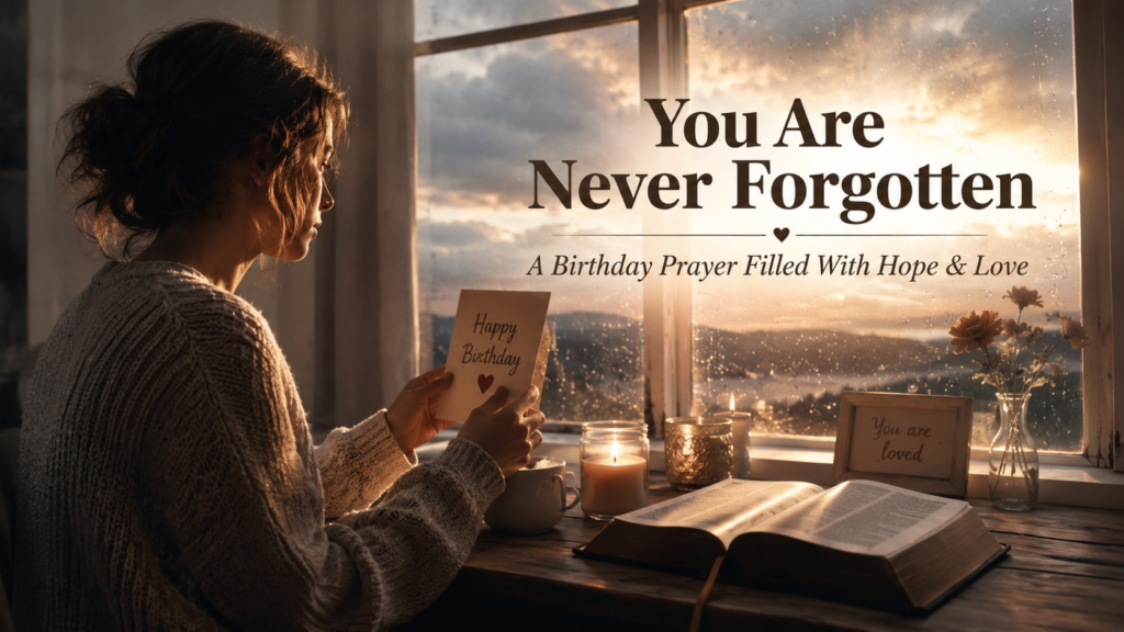Emotional birthday prayer scene with person near rainy window and Bible