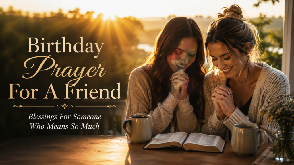 Two friends praying together with Bible and coffee during peaceful sunrise morning