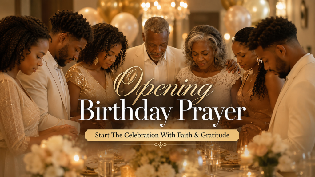Family and friends praying before birthday celebration dinner with candles