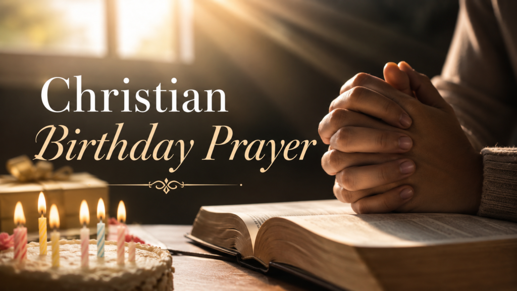 Christian birthday prayer image with open Bible and birthday candles