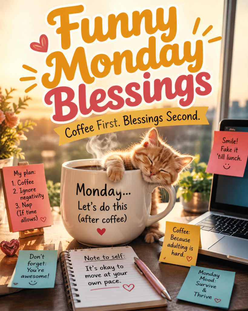 Funny Monday coffee mug with cozy morning workspace setup