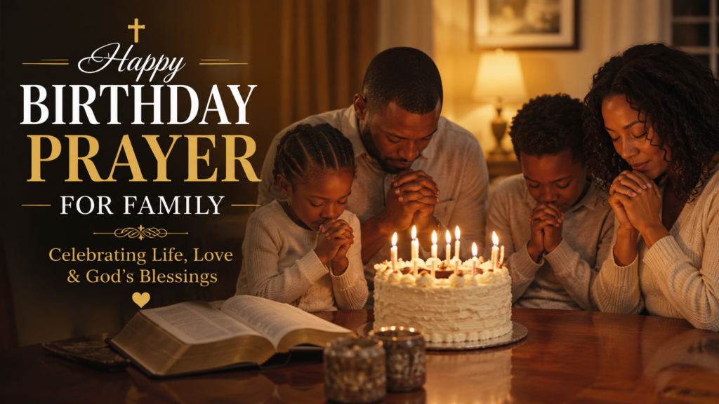 Christian family praying together around birthday cake with warm candlelight