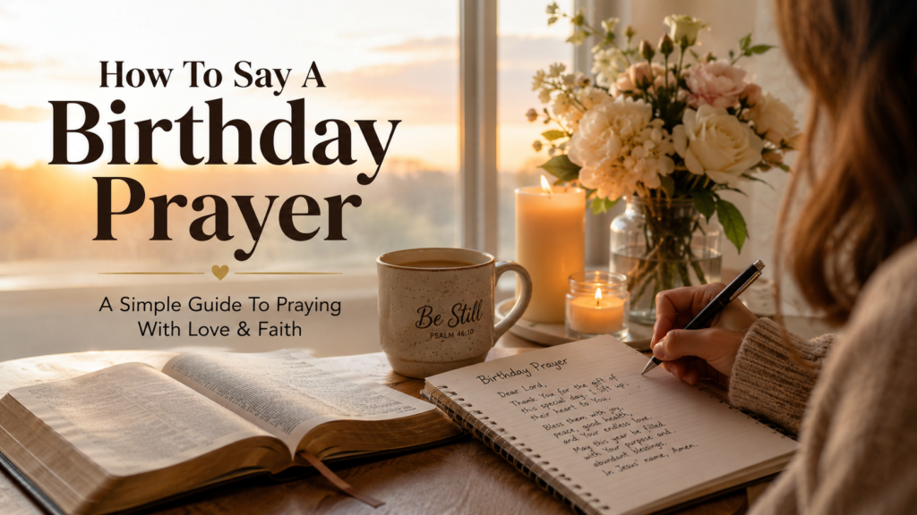 Person writing birthday prayer beside Bible coffee and candles at sunrise