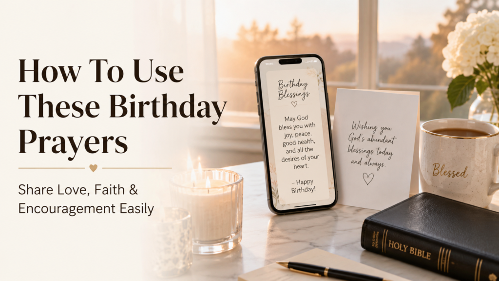 Smartphone showing birthday prayer message beside Bible candles and coffee