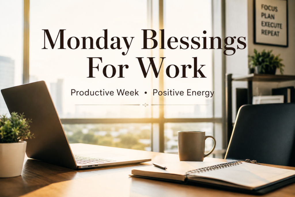 Motivational Monday workspace with coffee laptop and planner