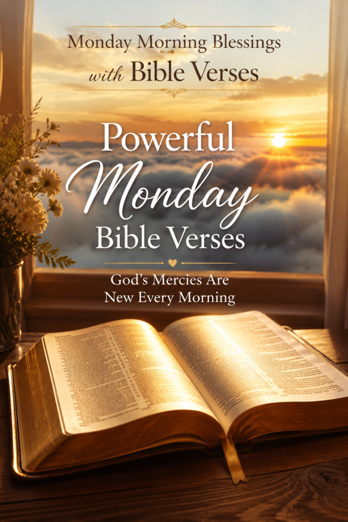Open Bible glowing in golden sunrise light with Monday morning blessings