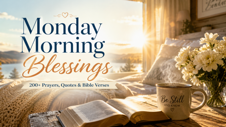 Monday morning blessings featured image with Bible, coffee mug and golden sunrise