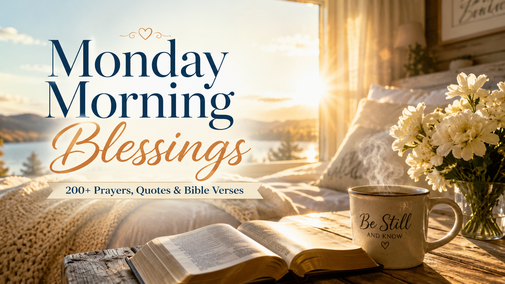 Monday morning blessings featured image with Bible, coffee mug and golden sunrise
