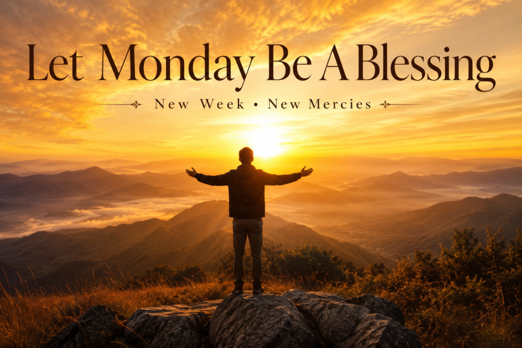 Person standing in sunrise with gratitude and peaceful Monday blessings
