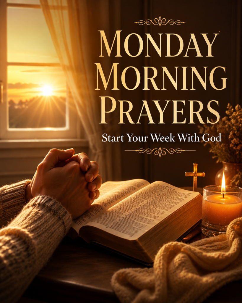 Hands praying beside open Bible with candlelight on Monday morning