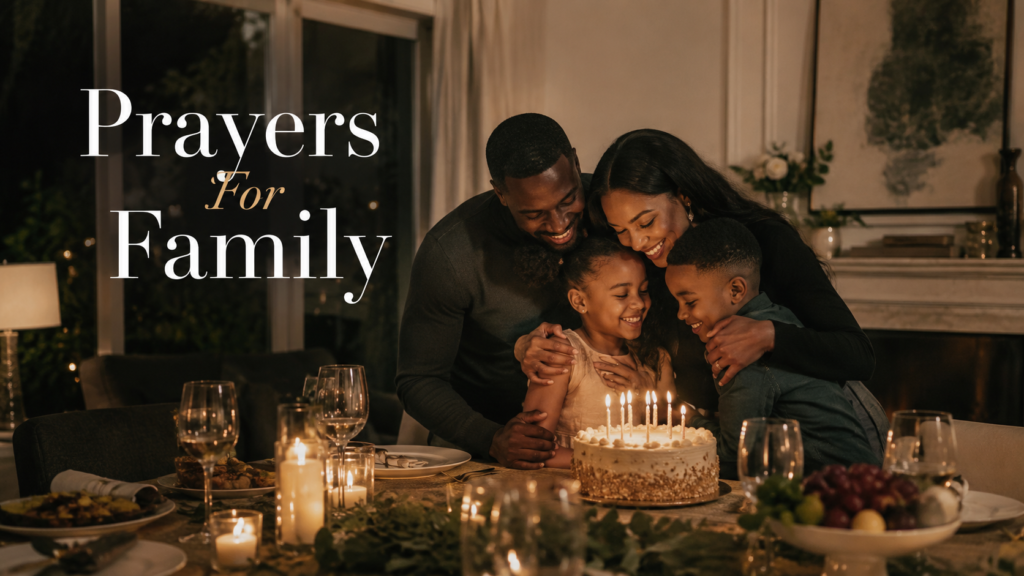 Family praying together before birthday celebration with candles and cake