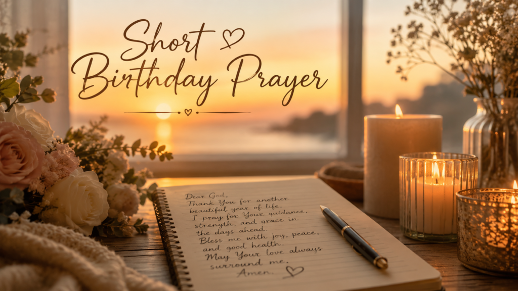 Short birthday prayer aesthetic image with candles and flowers