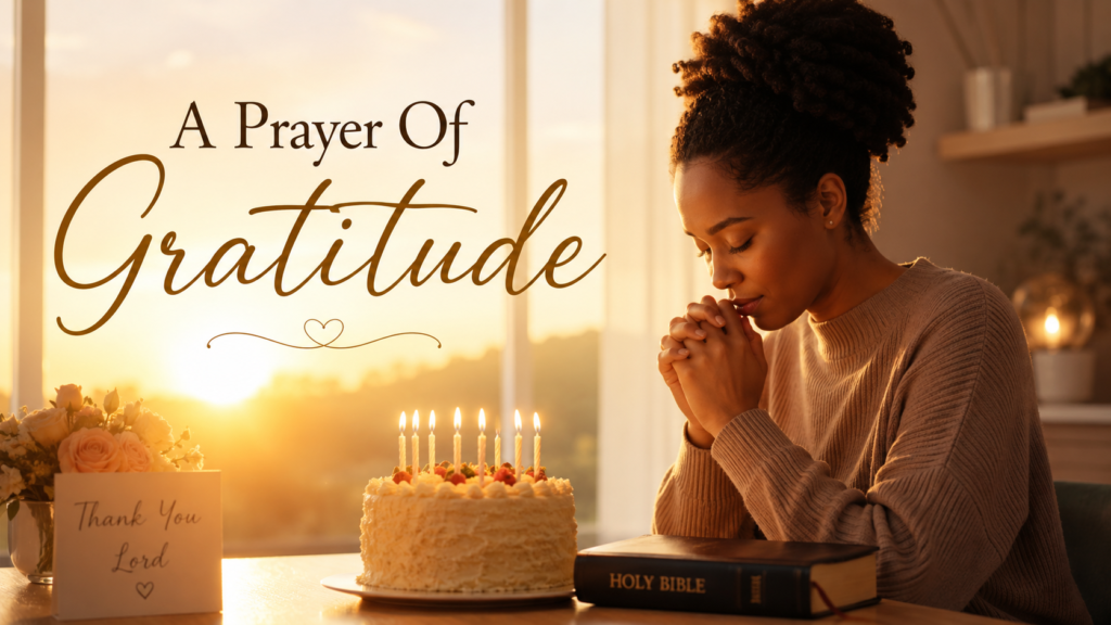 Thanksgiving birthday prayer image with Bible and warm sunrise lighting