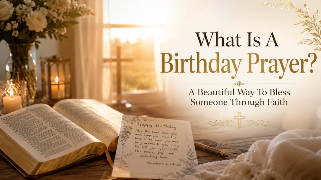 Open Bible with birthday blessing card and warm sunrise Christian atmosphere