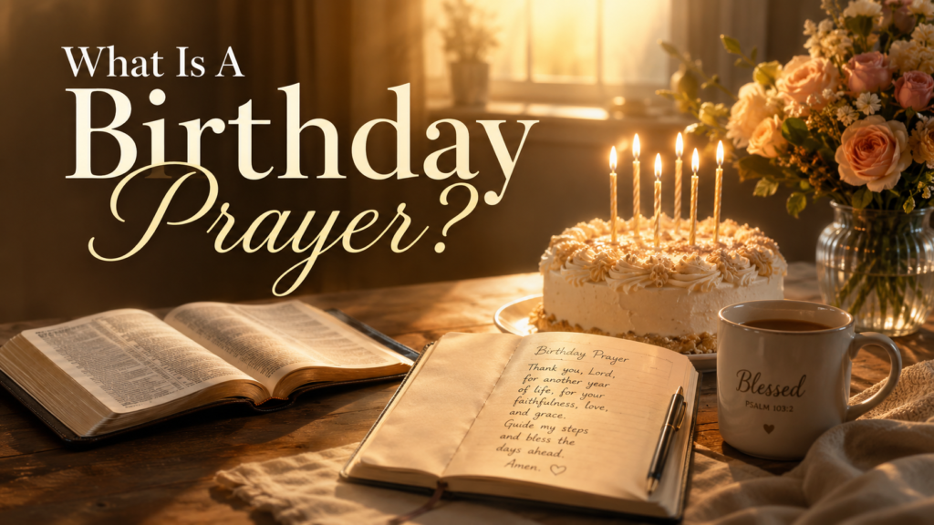 Christian birthday prayer image with Bible, birthday cake and golden sunrise lighting
