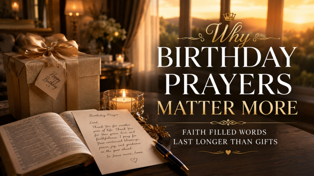 Birthday gift beside Bible and handwritten prayer note with warm candlelight