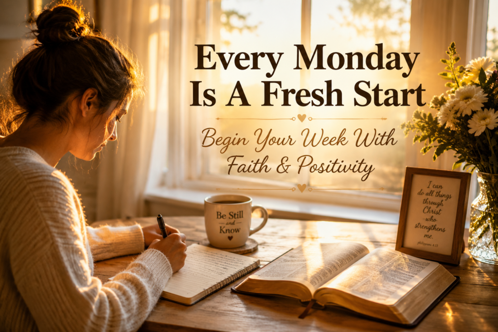 Person journaling with coffee and Bible during peaceful Monday sunrise